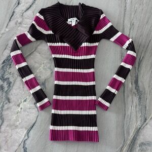 Y2K Fitted Love By Design Pink Stripe Ribbed V-Neck Long Sleeve Knit Sweater S